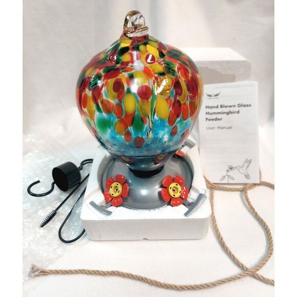 Hummingbird Feeder 34 oz Hand Blown Glass 4 Feeding Ports Ant Moat Leakproof - Picture 2 of 7